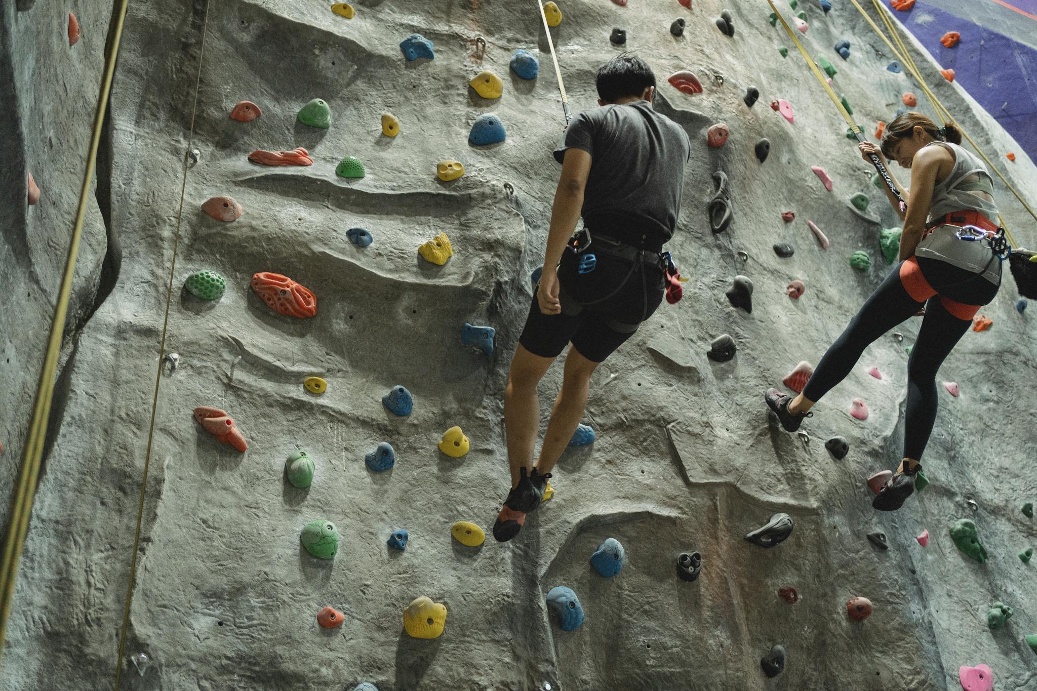 back view of anonymous sportspeople in activewear hanging on rope after ascending climbing wall in bouldering center 5384642